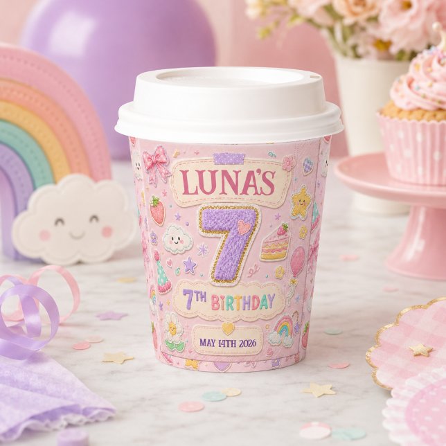 Gobelets En Papier Fille d'anniversaire 7 ans arc-en-ciel Patchwork P (Pastel Patchwork Rainbow 7th Birthday Party Girl Paper Cups
)