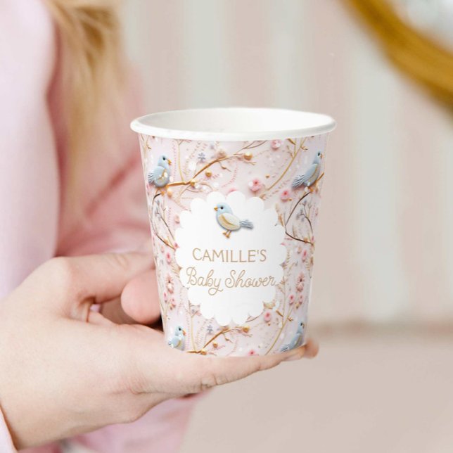 Gobelets En Papier Fille d'hiver Baby shower rose Floral Personnalisé (Winter Pink Floral Girl Baby Shower Personalized Paper Cups)