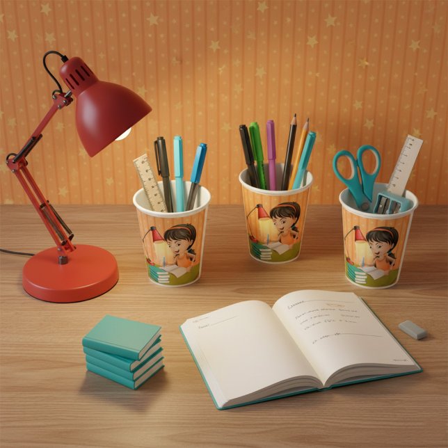 Gobelets En Papier Fille étudiant à un bureau faisant ses devoirs (Créateur téléchargé)