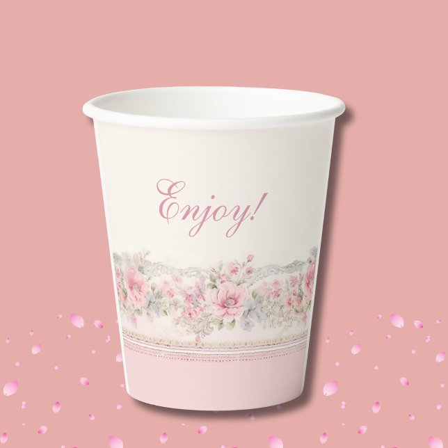 Gobelets En Papier Fille Fleur Rose Baptême Chrétien de Bébé (Créateur téléchargé)