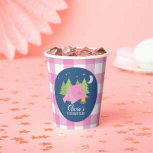 Gobelets En Papier Fille Glamping Camping Fête d'anniversaire rose à