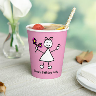 Gobelets En Papier Fille mignonne avec fleurs fête d'anniversaire