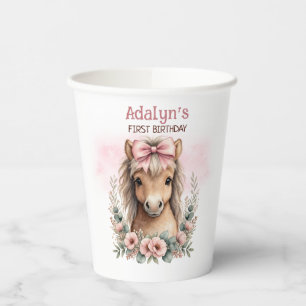Gobelets En Papier Fille Mignonne Rose Floral Cheval 1er Anniversaire
