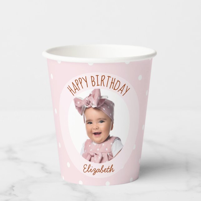 Gobelets En Papier Fille Pois rose Anniversaire Photo Joyeux Annivers (Recto)