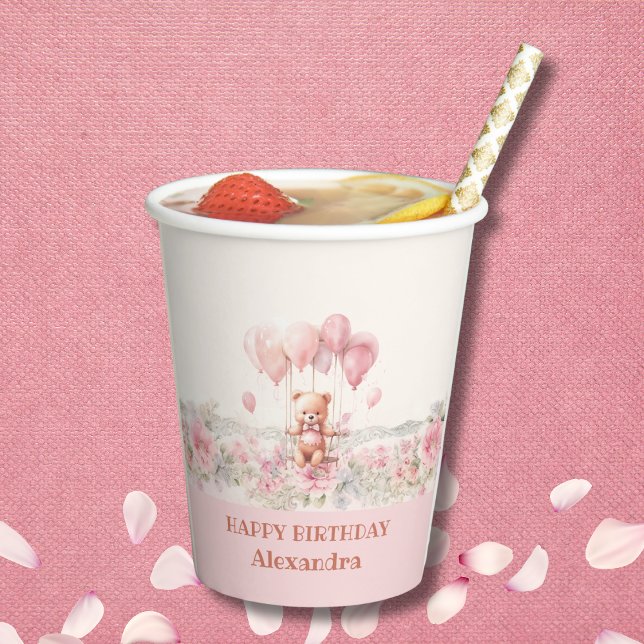 Gobelets En Papier Fille Rose mignonne Teddy fête d'anniversaire (Créateur téléchargé)
