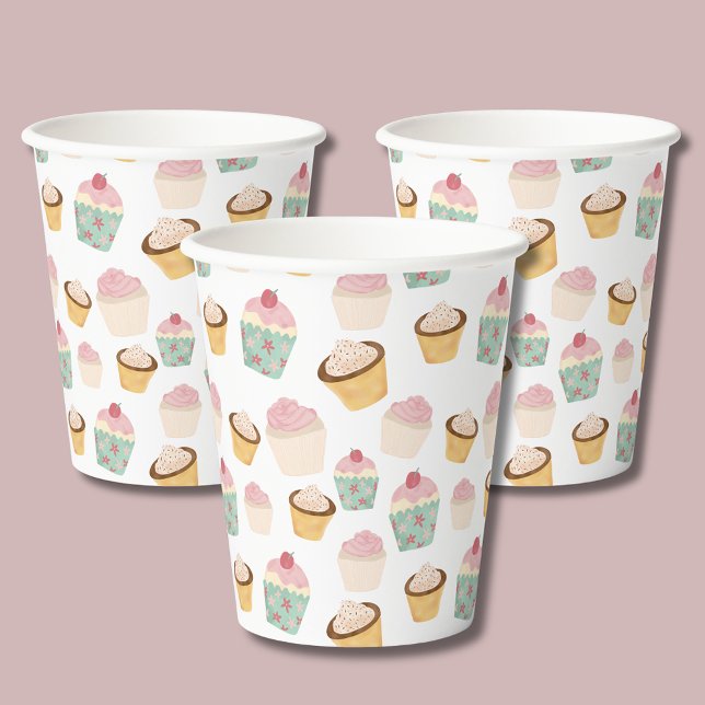 Gobelets En Papier Filles anniversaire Cute cupcake motif (Cupcake pattern paper cups - perfect for baby showers, afternoon tea parties girls birthday parties.)