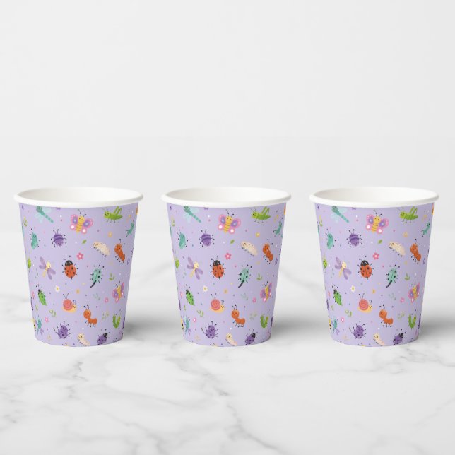 Gobelets En Papier Filles Anniversaire Mignon Insectes Violet  (Multi)