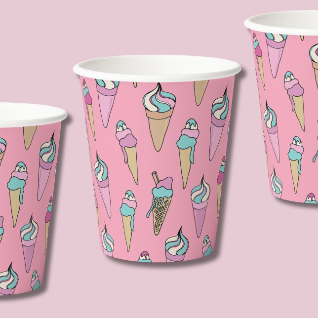 Gobelets En Papier Filles d'anniversaire de cône de glace (Pink ice cream cone pattern girls birthday paper cups)