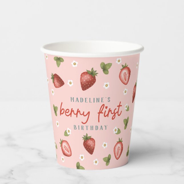 Gobelets En Papier Filles mignonne Berry rose Premier 1er anniversair (Verso)