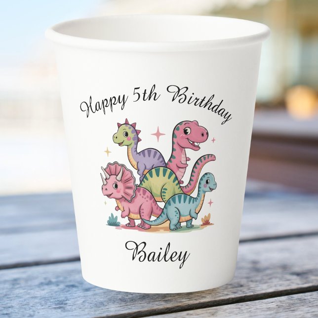 Gobelets En Papier Filles roses Anniversaire Dinosaure (Créateur téléchargé)