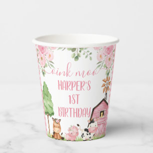 Gobelets En Papier Filles roses Grange Florale Animaux de ferme Anniv