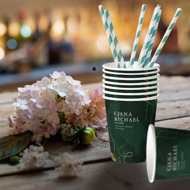 Gobelets En Papier Fine Lines Gold Abstrait Mariage V1 Emerald ID867 (Créateur téléchargé)