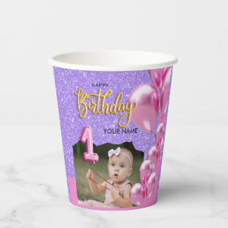 Gobelets En Papier First Birthday Baby Girl Photo Design