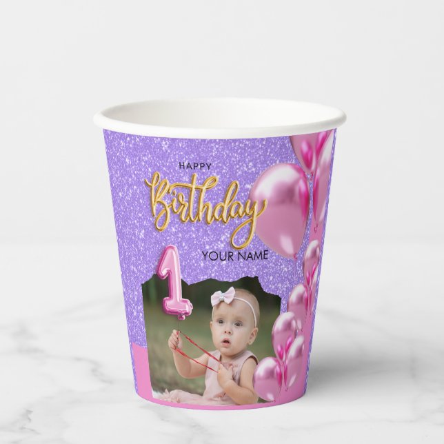 Gobelets En Papier First Birthday Baby Girl Photo Design (Recto)