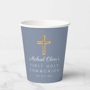 Gobelets En Papier First Communion Boy Religieux Croix Dusty Blue