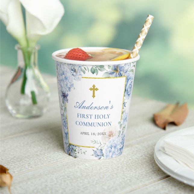 Gobelets En Papier First Holy Communion Dusty Blue Floral (Insitu)