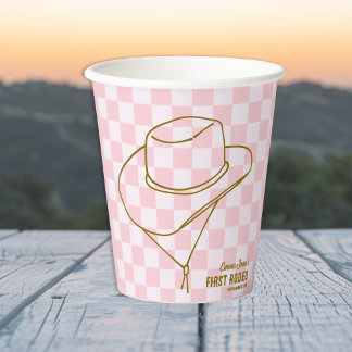 Gobelets En Papier First Rodeo Cowboy Hat Pink Checkered 1st Birthday