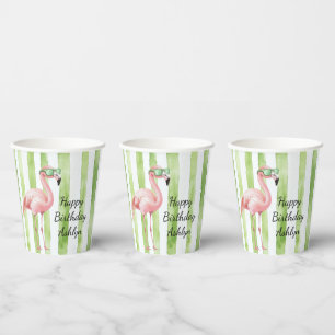 Gobelets En Papier Flamant rose Green Pink Stripes Anniversaire