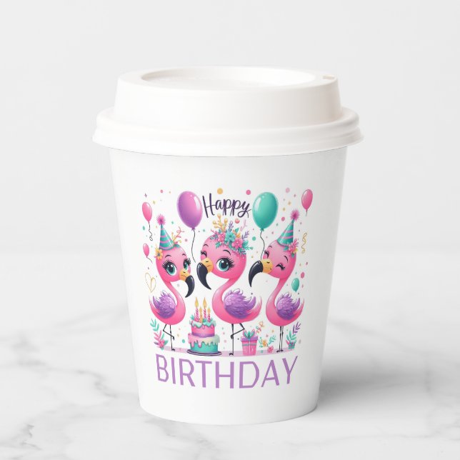 Gobelets en papier Flamants Roses Joyeux Anniversa (Recto)