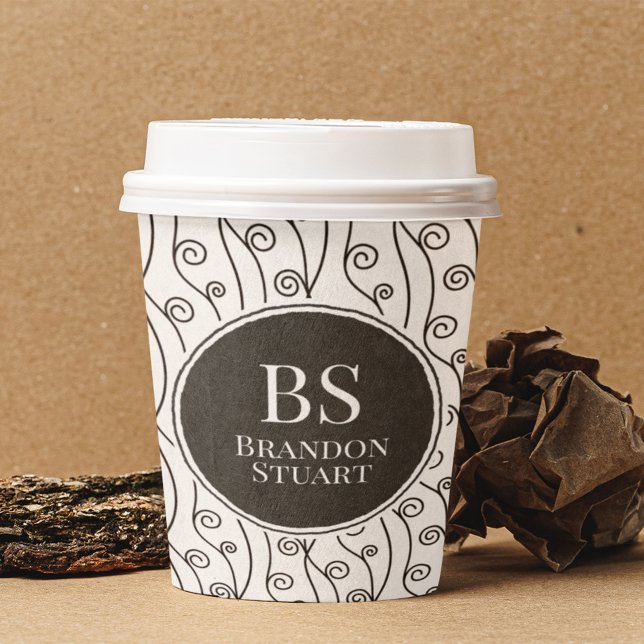 Gobelets En Papier Flèches noires et blanches (black and white paper cup with name and swirl pattern)
