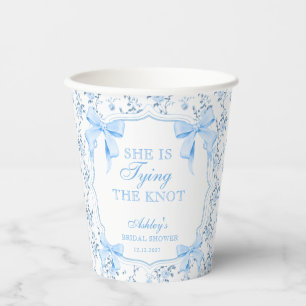 Gobelets En Papier Fleur Bleue Elle Noue le Nœud Réception de Mariage