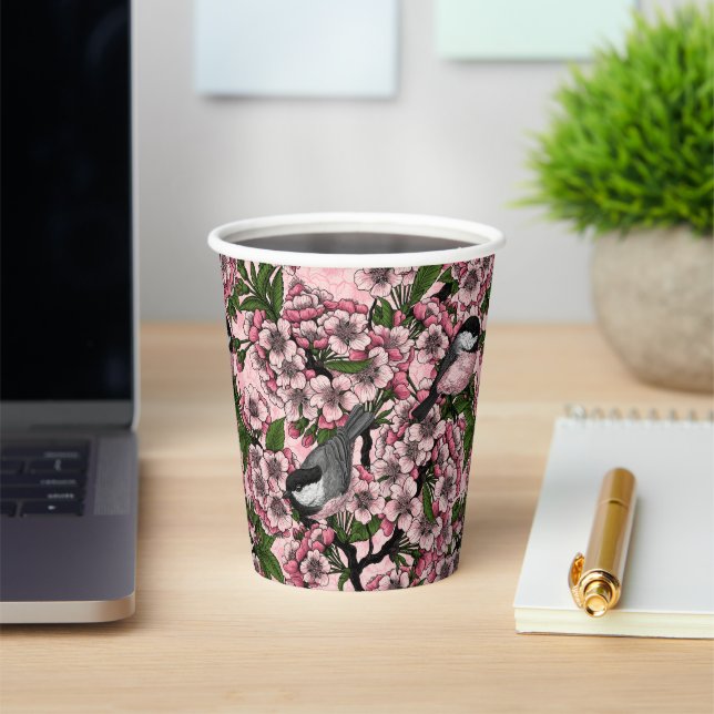 Gobelets En Papier Fleur de cerisiers et poulets roses (Insitu)