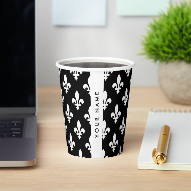Gobelets En Papier Fleur de Lis, Blanc sur Noir, Blanc, Votre Nom (Insitu)