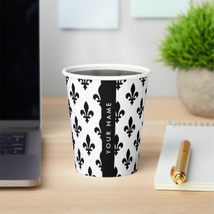 Gobelets En Papier Fleur de Lis, Noir sur Blanc, Noir, Votre Nom