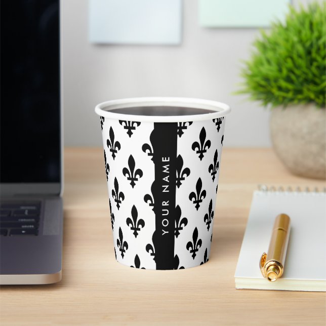 Gobelets En Papier Fleur de Lis, Noir sur Blanc, Noir, Votre Nom (Insitu)