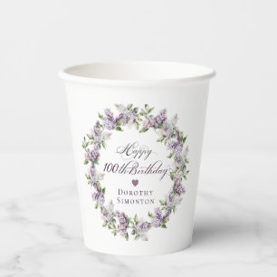 Gobelets En Papier Fleur Lilac violette personnalisée 100e anniversai