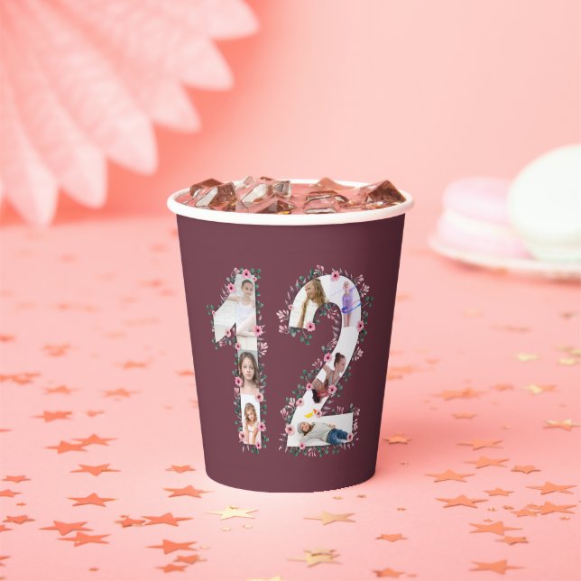 Gobelets En Papier Fleur rose Gros 12e anniversaire fille photo Colla (Insitu)