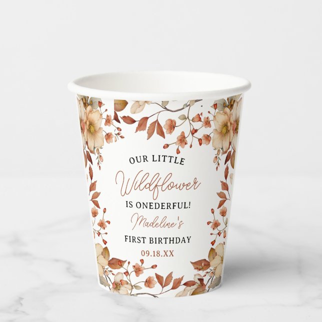 Gobelets En Papier Fleur sauvage moderne chic Script 1er anniversaire (Recto)