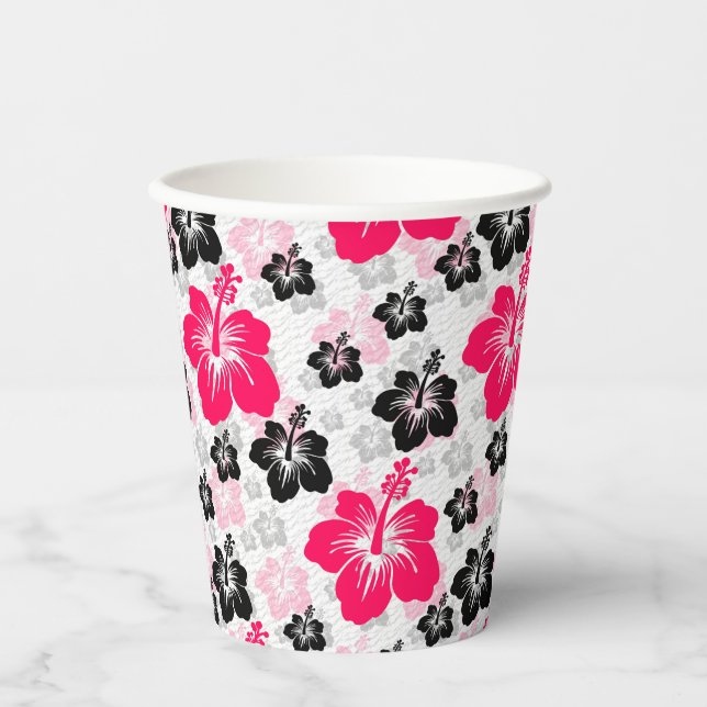 Gobelets En Papier Fleurs Abstraites Rouge Noir Blanc (Recto)