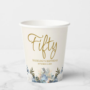 Gobelets En Papier Fleurs blanches bleu poussiéreux 50e anniversaire