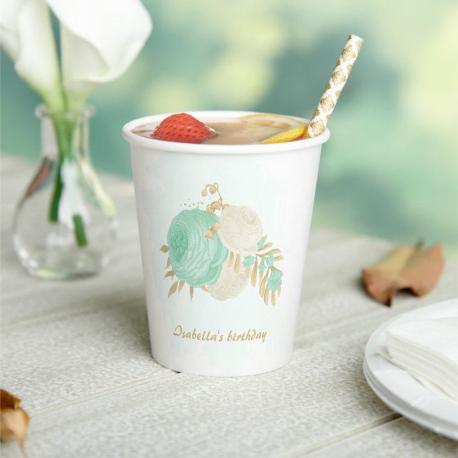 Gobelets En Papier Fleurs blanches et vert menthe romantiques avec or (Insitu)