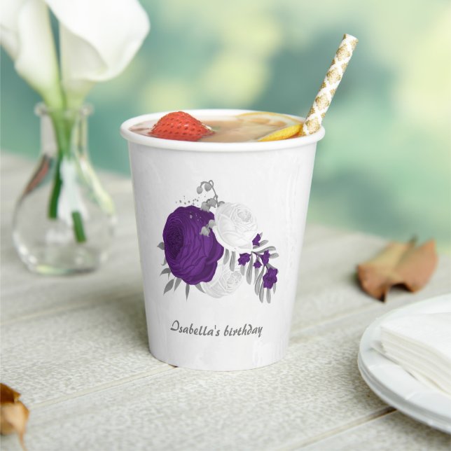 Gobelets En Papier fleurs blanches et violettes royales argent (Insitu)
