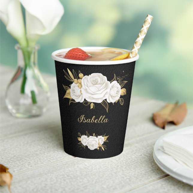 Gobelets En Papier fleurs blanches feuilles dorées noires (Insitu)