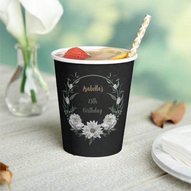 Gobelets En Papier fleurs blanches romantiques & feuilles vertes noir (Insitu)