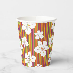 Gobelets En Papier Fleurs blanches sur un arrière - plan rayé
