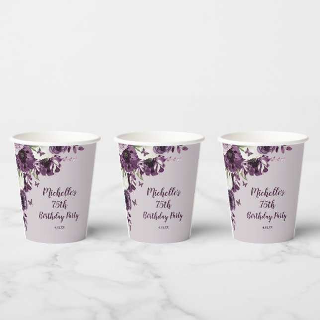 Gobelets En Papier Fleurs blanches violettes Papillons 75e anniversai (Multi)