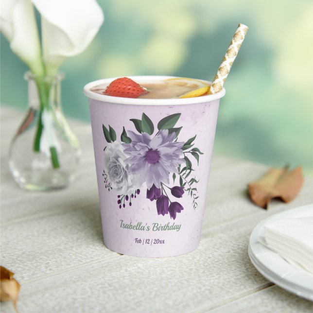 Gobelets En Papier Fleurs blanches violettes romantiques verdure (Insitu)