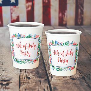 Gobelets En Papier Fleurs Bleu Blanc Rouge Fête du 4 Juillet Patrioti