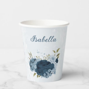 Gobelets En Papier fleurs bleu marine clair