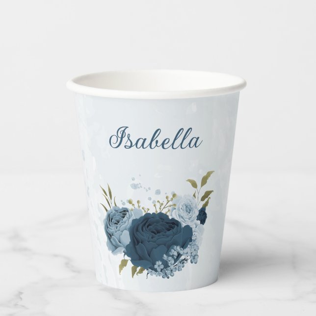 Gobelets En Papier fleurs bleu marine clair  (Recto)