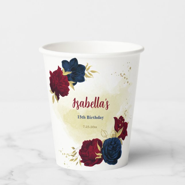 Gobelets En Papier fleurs bleu marine et rouge verdure (Recto)