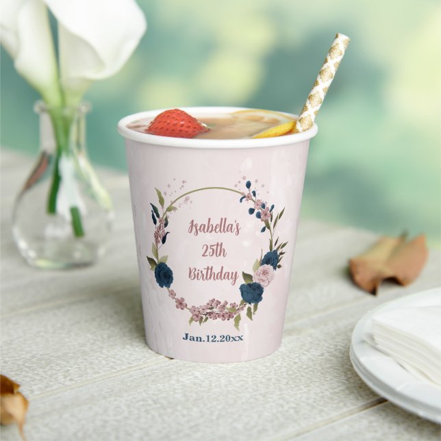 Gobelets En Papier fleurs bleu marine rose  (Insitu)