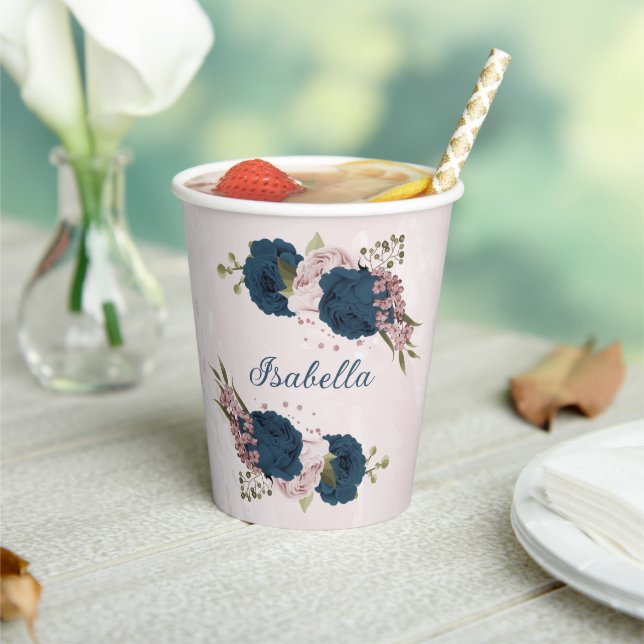 Gobelets En Papier fleurs bleu marine rose  (Insitu)