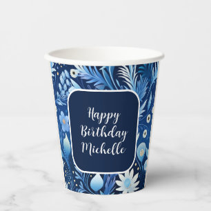 Gobelets En Papier Fleurs Bleu Poussiéreux de la Marine Joyeux Annive
