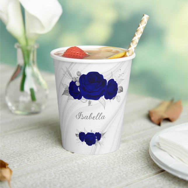 Gobelets En Papier fleurs bleu royal feuilles argent marbre (Insitu)