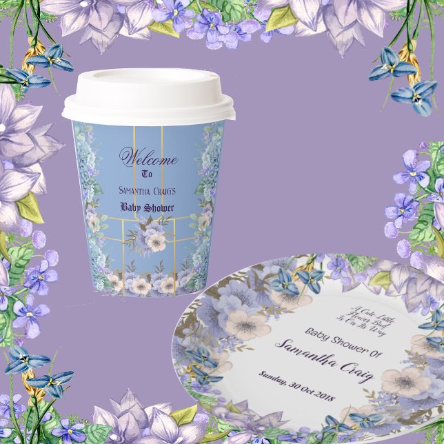 Gobelets En Papier Fleurs Bleues Hydrangea Baby shower Lilac violet (Blue Flowers Hydrangea Purple Lilac Baby Shower Paper Cups)